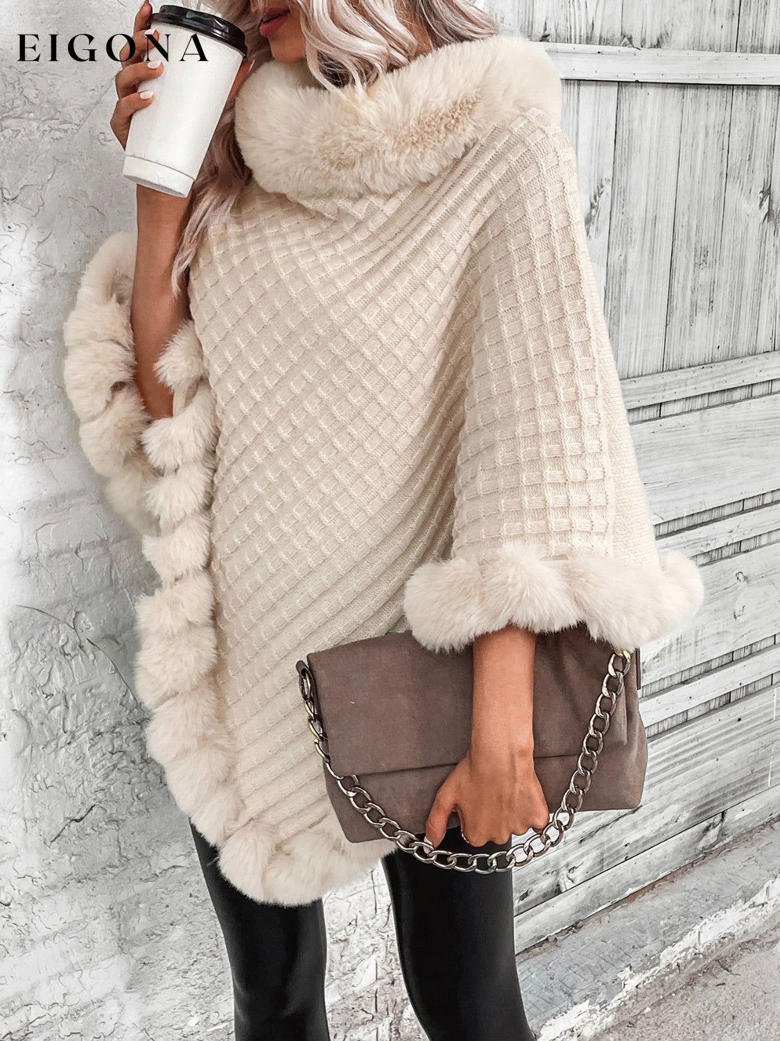 Faux Fur Trim Fashion Poncho Sweater clothes Outerwear Ship From Overseas Shipping Delay 09/30/2023 - 10/03/2023 Sounded Sweater sweaters