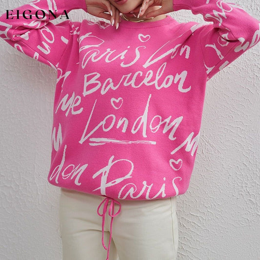 Letter Round Neck Drawstring Sweater Hot Pink One Size clothes H.Y@Maozhi long sleeve Ship From Overseas Shipping Delay 10/01/2023 - 10/03/2023 shirt sweater sweaters top
