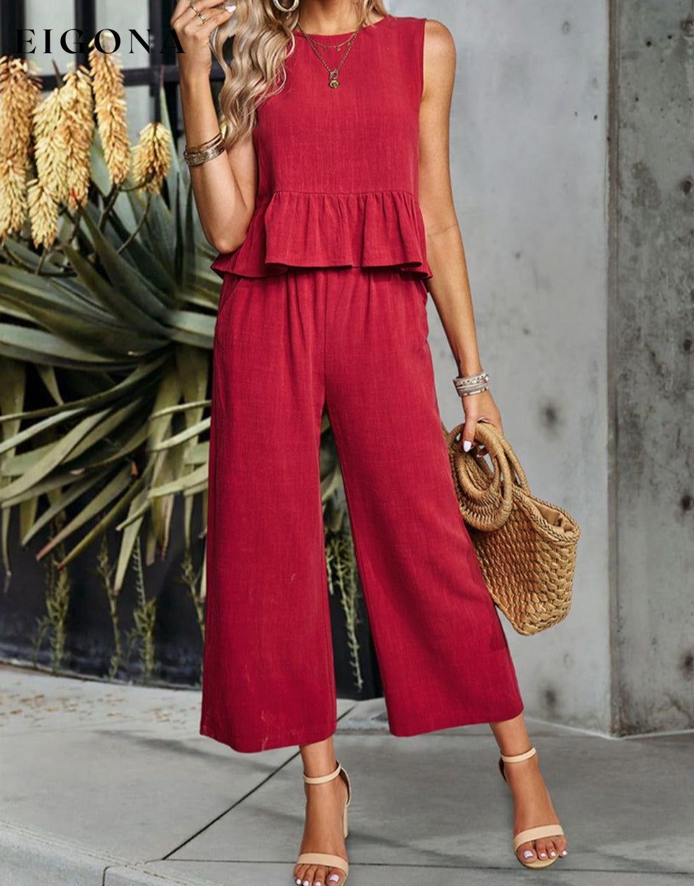 Decorative Button Ruffle Hem Tank and Pants Set Deep Red clothes DY sets Ship From Overseas trend