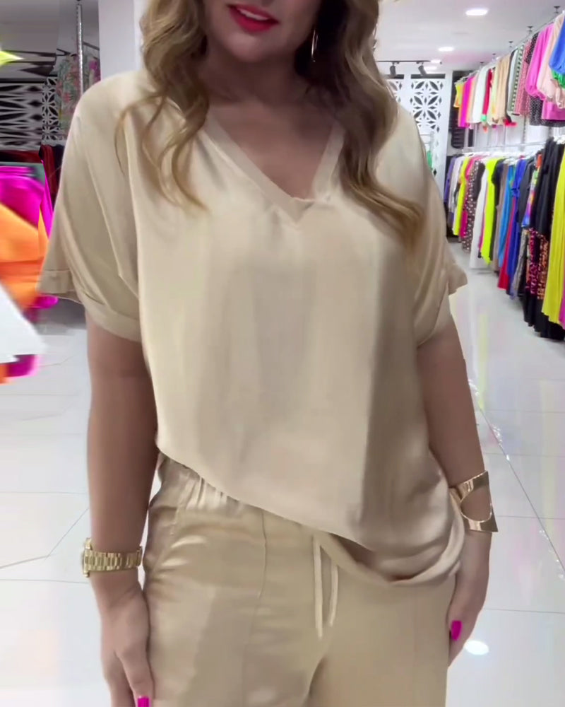 Casual solid color V-neck short-sleeve T-shirt 202466 summer t-shirts