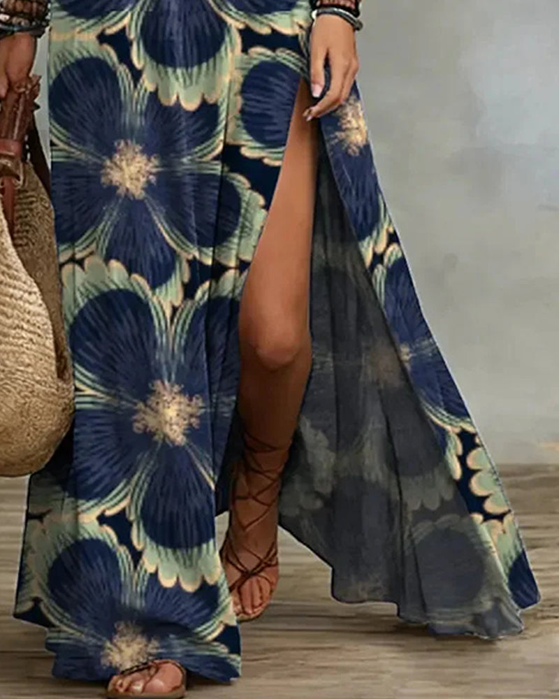 Floral Print Halter Sleeveless Slit Long Dress
