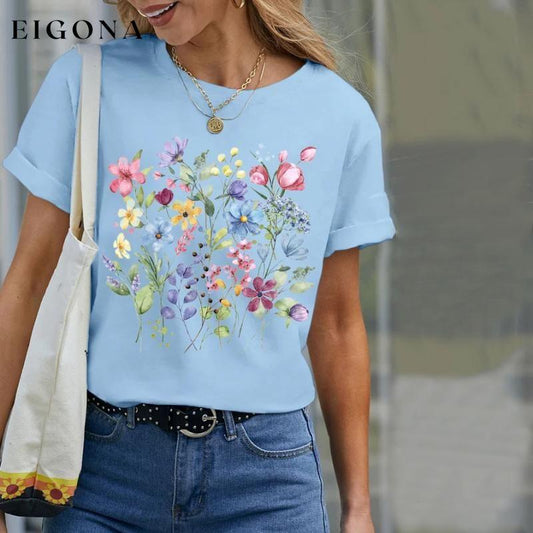 【100% Cotton】Casual Floral Print T-Shirt Blue 100% Cotton best Best Sellings clothes Plus Size Sale tops Topseller