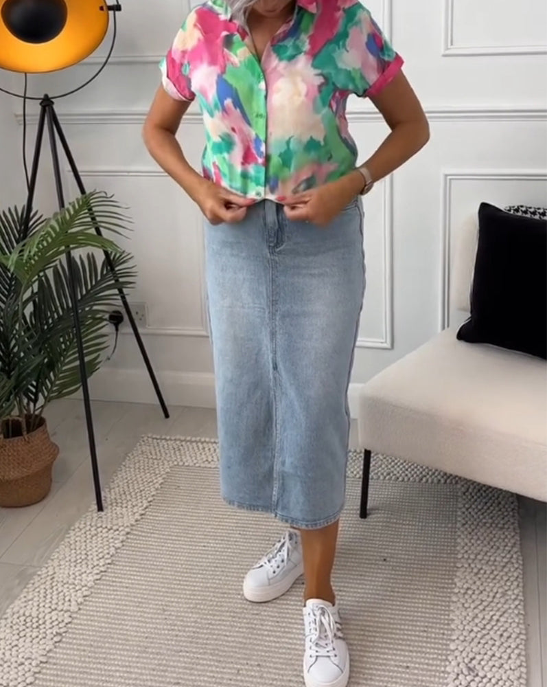 Colorful printed lapel button short sleeve shirt 202466 blouses & shirts spring summer