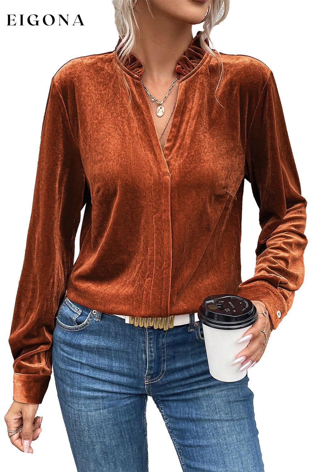 Gold Flame Frilled Collar Velvet Shirt All In Stock clothes Color Orange Fabric Velvet long sleeve shirt long sleeve shirts long sleeve top long sleeve tops Print Solid Color Season Winter shirt shirts Style Southern Belle top tops Tops/Blouses