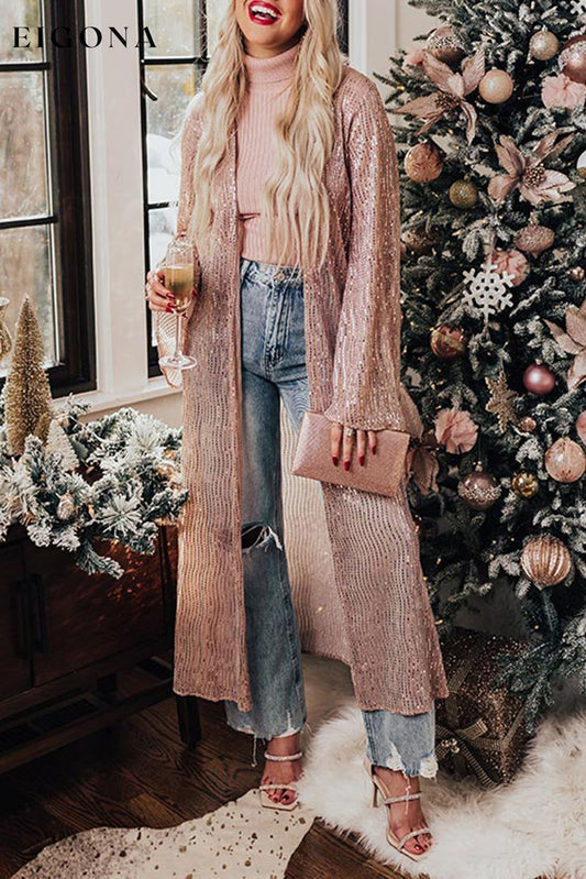 Rose Tan Open Front Long Sequin Kimono Sequin Cardigan Rose Tan 95%Polyester+5%Elastane All In Stock cardigan cardigans clothes Color Pink Craft Sequin Day Christmas Occasion Night Out Print Solid Color Season Winter Style Southern Belle Sweater sweaters