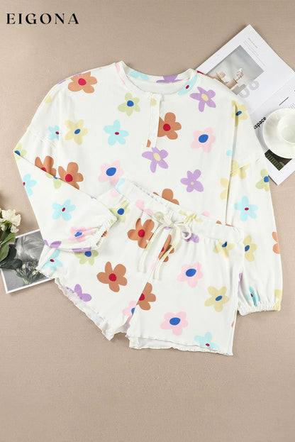 White Floral Long Sleeve Henley Top and Drawstring Shorts Set 2 pieces Best Sellers clothes EDM Monthly Recomend long sleeve set Occasion Home Print Floral Print Vintage Floral Season Winter set shorts set Style Southern Belle