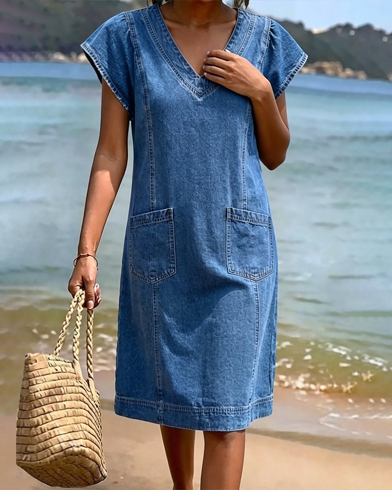 V Neck Solid Short Sleeve Sheath Dress