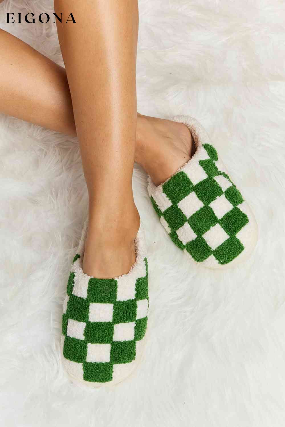 Checkered Print Plush Slide Slippers Green Melody Ship from USA Shoes womens shoes