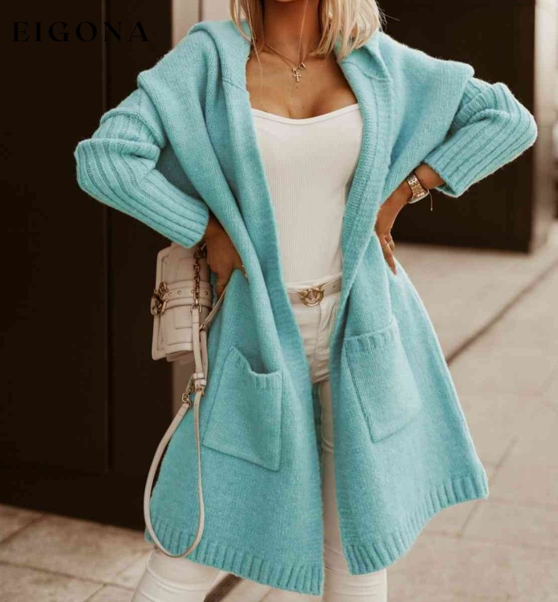 Full Size SIMPLY LIVE Hooded Cardigan Pastel Blue cardigans clothes long sweaters Ship From Overseas sweaters Z@N