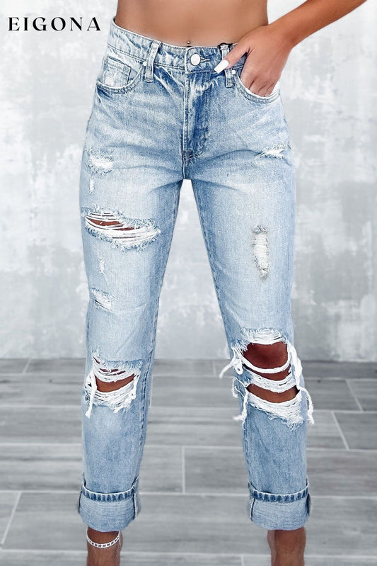 Sky Blue Light Wash Frayed Slim Fit High Waist Jeans Sky Blue 93%Cotton+5%polyester+2%Elastane All In Stock Best Sellers bottoms clothes Color Blue Craft Distressed Fabric Denim jeans pants ripped jeans Season Spring Style Western