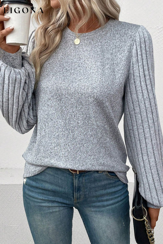 Gray Contrast Ribbed Bishop Sleeve Top Gray 95%Polyester+5%Elastane All In Stock Best Sellers clothes Fabric Ribbed Hot picks long sleeve shirt long sleeve shirts long sleeve top long sleeve tops Occasion Daily Print Solid Color Season Fall & Autumn shirt shirts Style Casual top tops Tops/Blouses