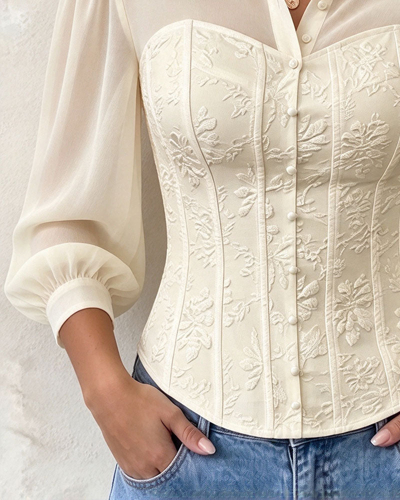 Lapel Buttoned Waist Slim Fit Blouse