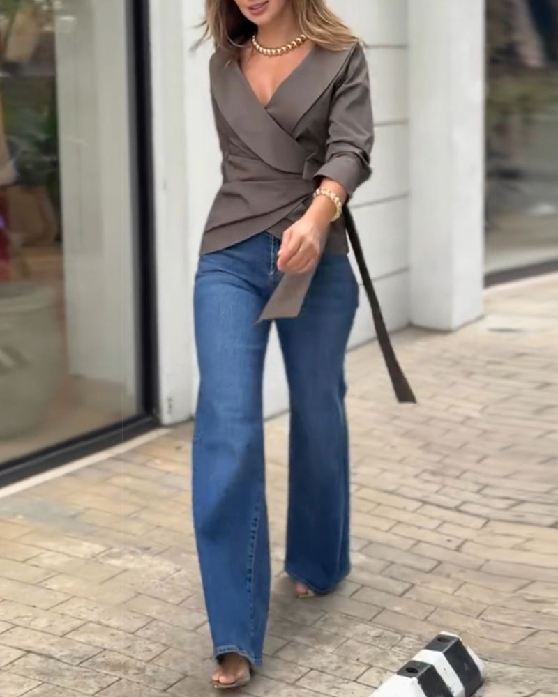 Long sleeve v-neck solid color knot top 202466 blouses & shirts spring summer