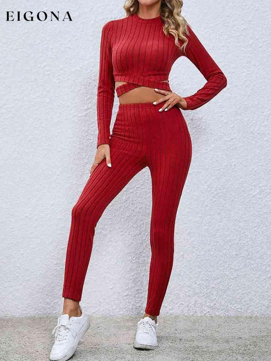 Crisscross Knit Top and Leggings Set Deep Red 2 pieces clothes M@Y set Ship From Overseas Shipping Delay 09/29/2023 - 10/04/2023 workout set
