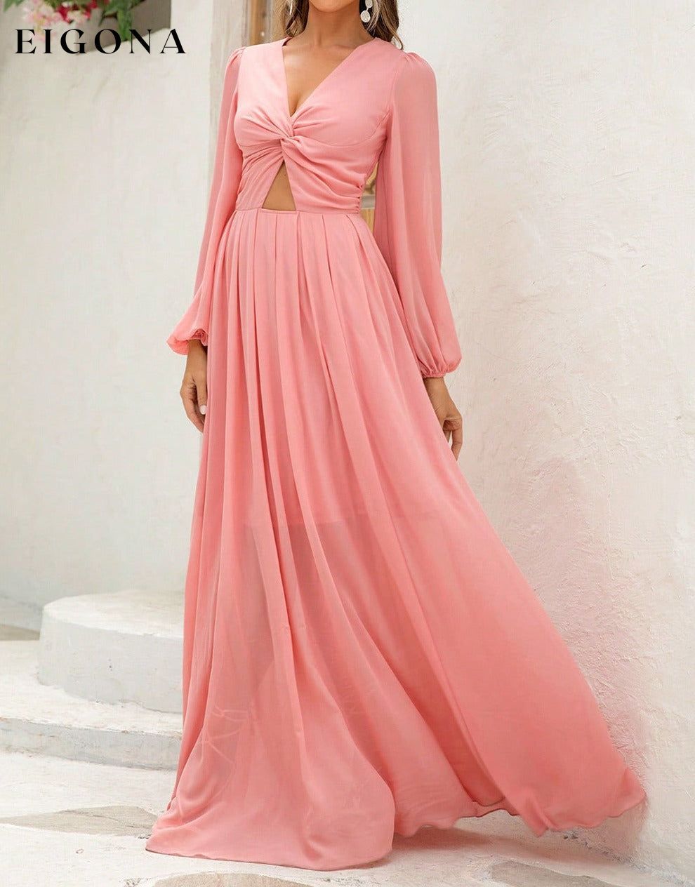 Twist Front Cutout Long Sleeve Maxi Dress Coral clothes evening dress evening dresses formal dress formal dresses long dress long dresses long sleeve dress long sleeve dresses maxi dress Ringing-N Ship From Overseas