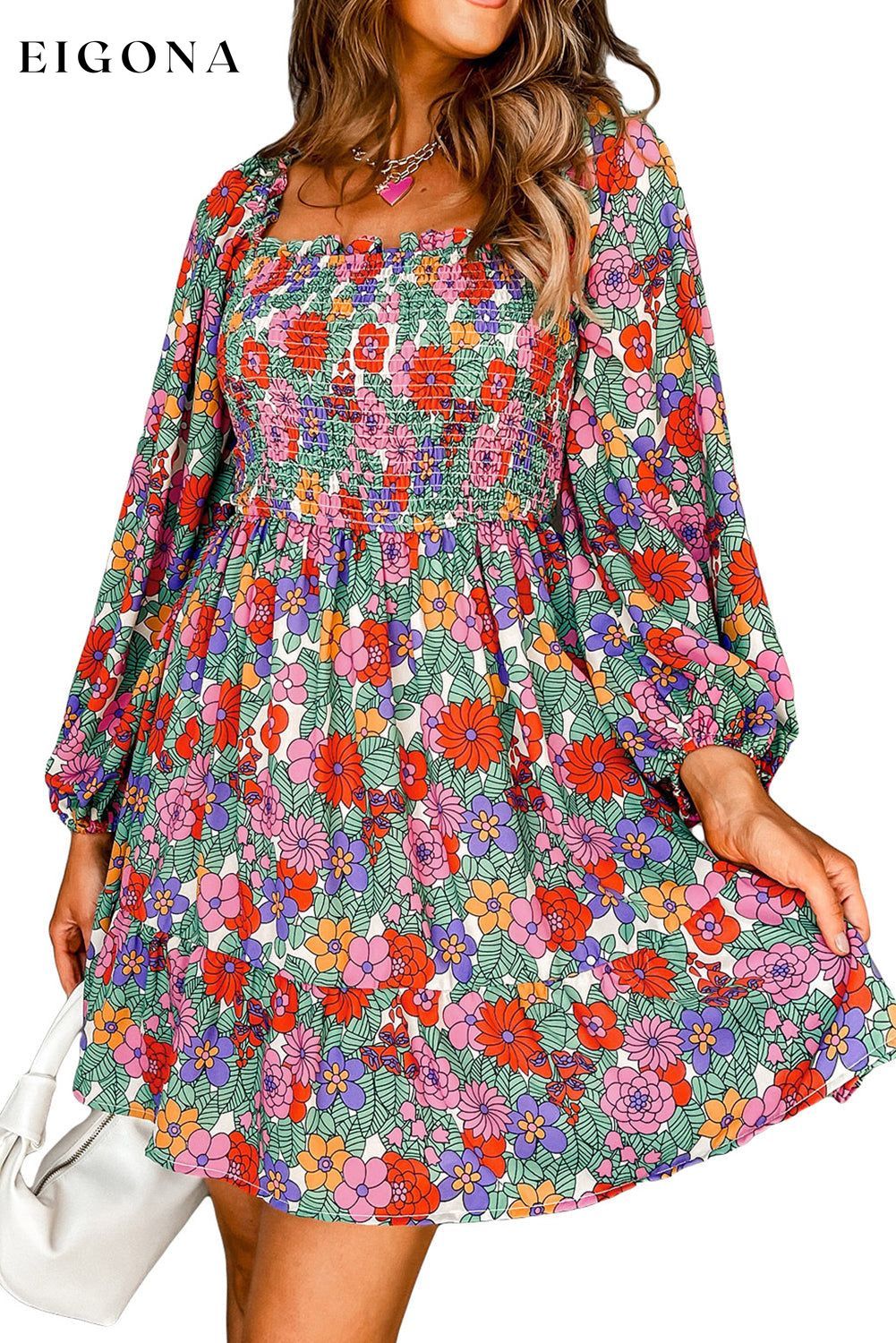 Floral Smocked Bust Square Neck Ruffled Dress All In Stock casual dress clothes Color Multicolor Color Red Craft Smocked dress dresses long sleeve dress long sleeve dresses Occasion Daily Print Floral Season Spring short dresses Silhouette A-Line Style Southern Belle
