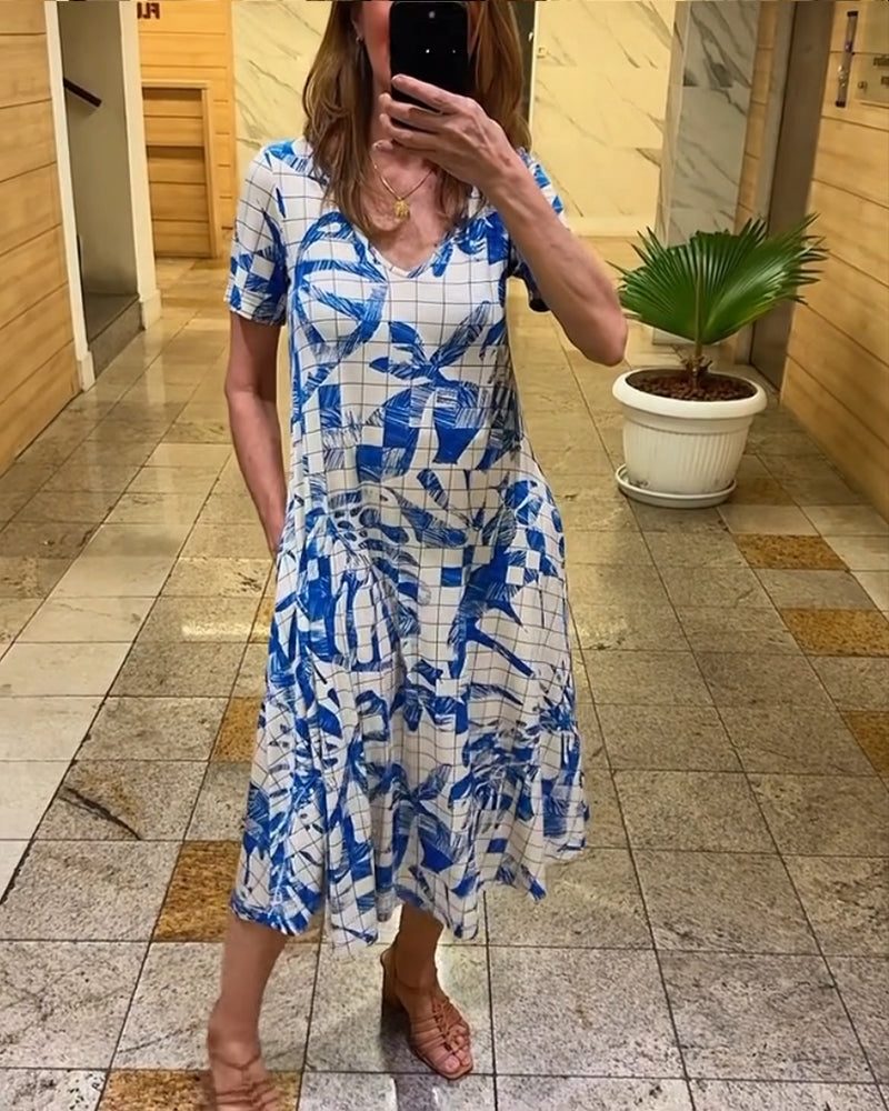 Printed plaid V-neck short-sleeve long dress 202466 casual dresses spring summer
