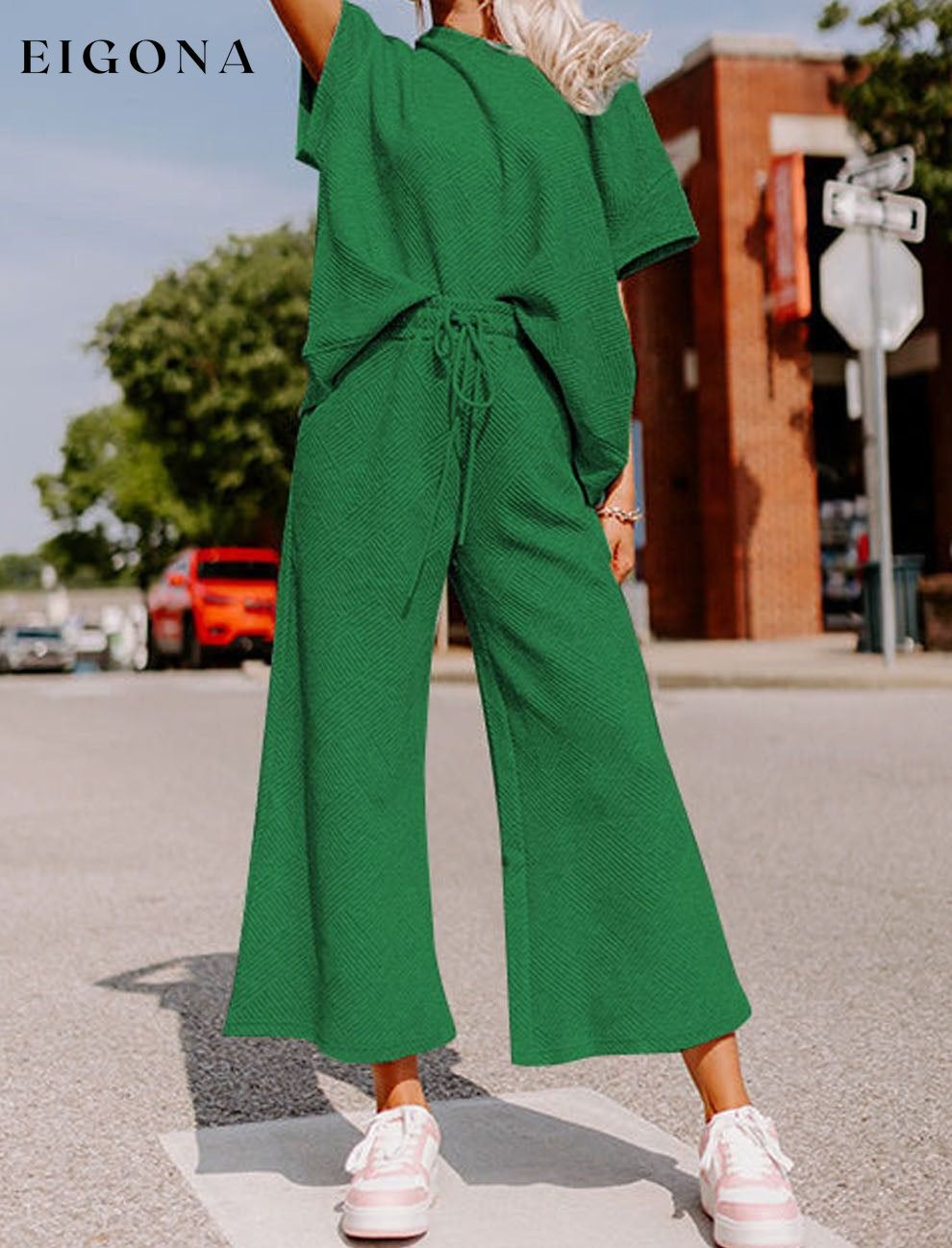 Dark Green Textured Loose Fit T Shirt and Drawstring Pants Set 2 pieces Best Sellers clothes EDM Homewear EDM Monthly Recomend Fabric Ribbed lounge wear Occasion Home pants set Print Solid Color Season Summer sets Silhouette Wide Leg Style Casual