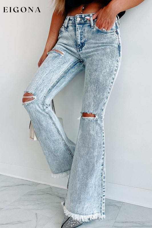 Sky Blue Distressed Acid Wash Flare Jeans Sky Blue 72%Cotton+26%Polyester+2%Elastane All In Stock bottoms clothes Flare Jeans Jeans Season Fall & Autumn Season Spring Silhouette Wide Leg Style Modern
