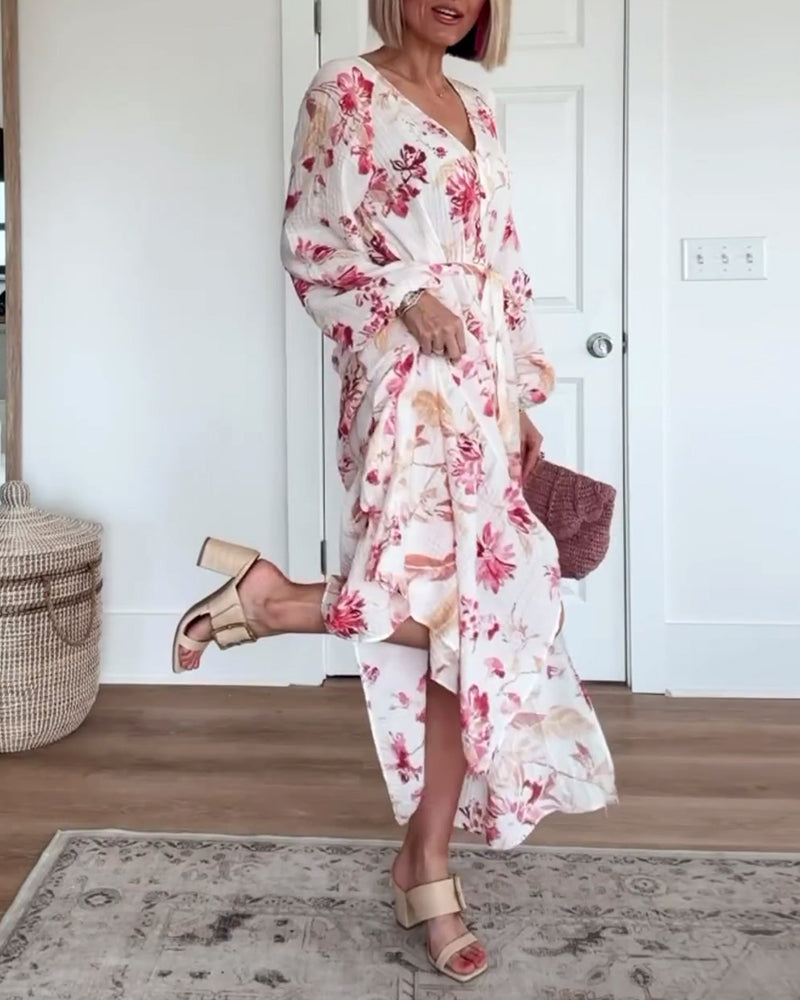 Elegant floral print bell sleeve lace-up dress 202466 casual dresses spring summer