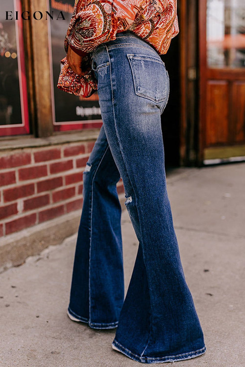 Sky Blue Button Fly Ripped High Waist Flare Jeans All In Stock Best Sellers bottoms clothes Color Blue Craft Distressed Fabric Denim Flare Jeans Jeans Occasion Daily pants Print Solid Color Season Fall & Autumn Silhouette Flare Style Western