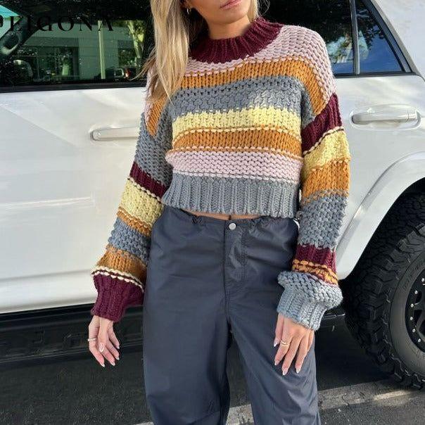 Women's round neck pullover striped contrast sweater Grey clothes Sweater sweaters Sweatshirt