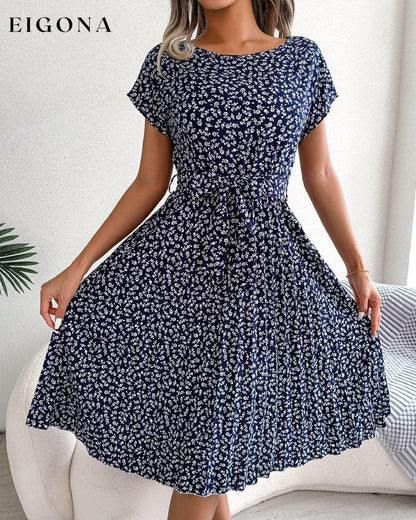 Short sleeve floral print tie dress Dark blue 23BF Casual Dresses Clothes Dresses Summer