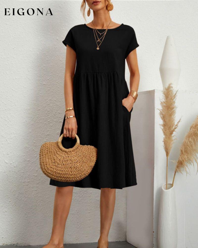 Round neck loose cotton and linen dress Black 23BF casual dresses Clothes Cotton and Linen discount Dresses Spring summer
