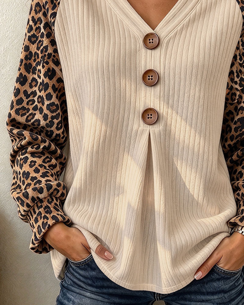 V-Neck Leopard Button Top