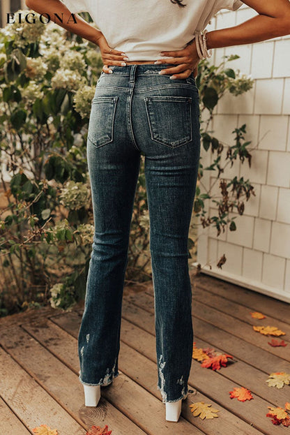 Blue High Waist Distressed Straight Leg Washed Jeans bottom clothes Craft Distressed Fabric Denim high waisted legs pants jeans Occasion Daily pants Season Spring Silhouette Wide Leg Style Casual