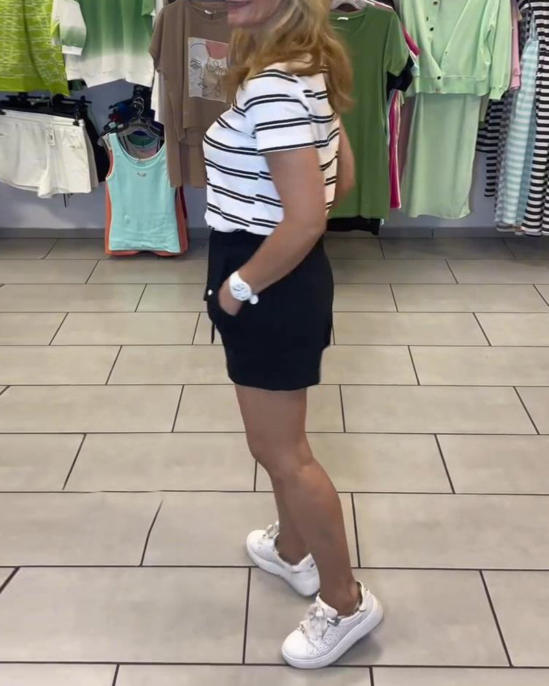 Casual Short-Sleeved Striped Shorts Set