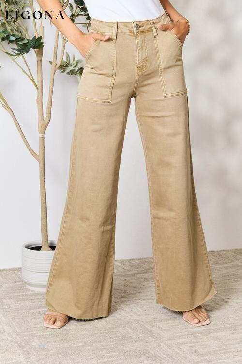 Raw Hem Wide Leg Khaki Jeans Tan BAYEAS bottoms clothes Flare Jeans Jeans Ship from USA Women's Bottoms