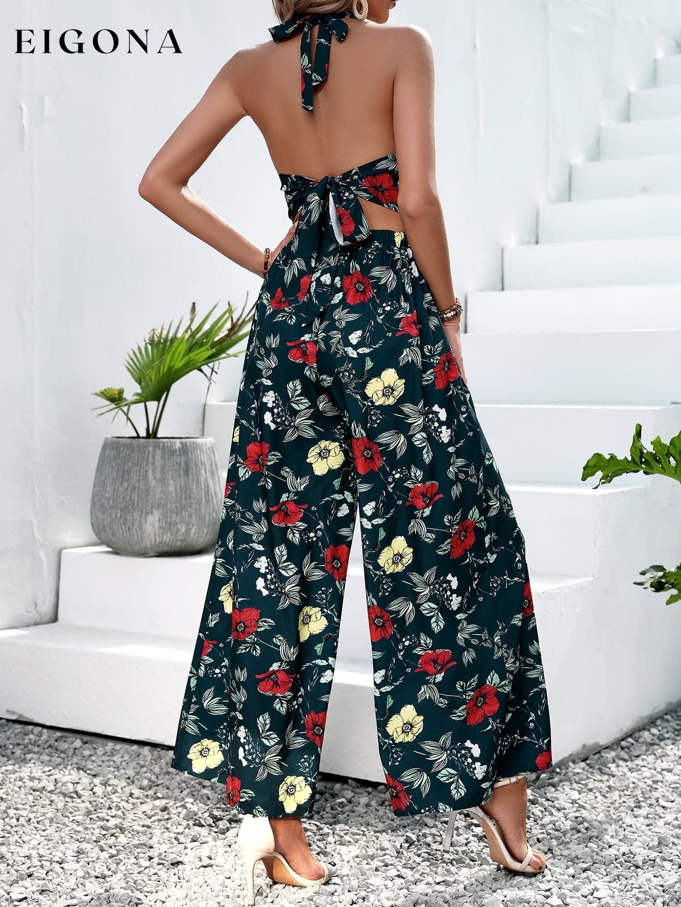 Floral Halter Neck Top and Wide Leg Pants Set clothes Hanny sets Ship From Overseas Shipping Delay 09/29/2023 - 10/04/2023