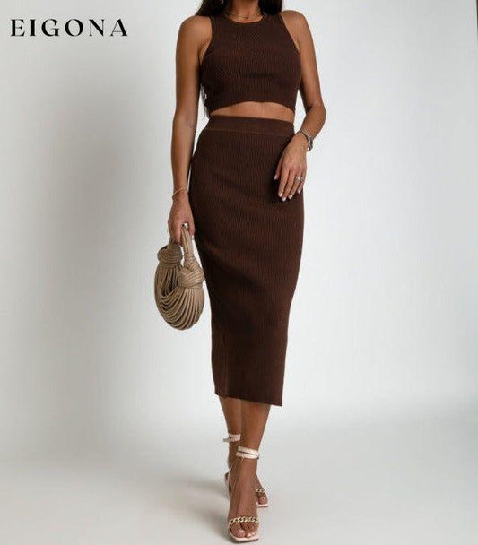 Knitted Slim Tank Top Slit Short Skirt Two-Piece Set Brown Clothes sets
