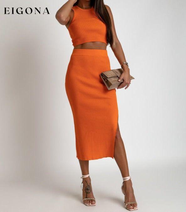 Knitted Slim Tank Top Slit Short Skirt Two-Piece Set Orange Clothes sets