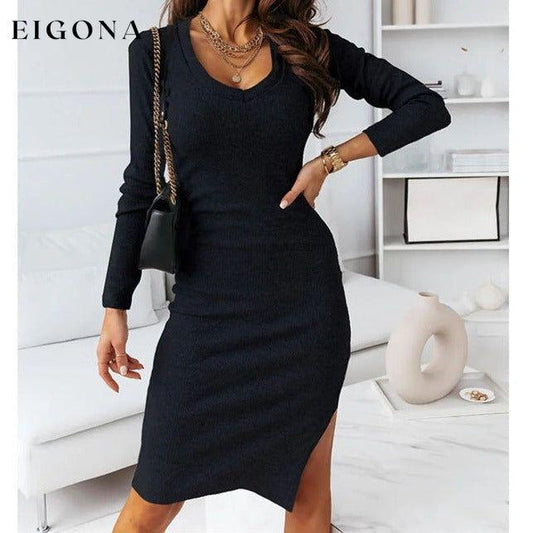 New women's V-neck casual long-sleeved dress Black clothes dresses long sleeve dresses short dresses