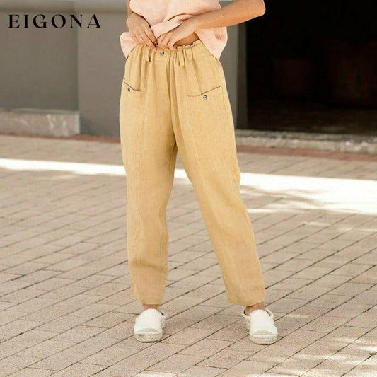 Casual Elastic Waist Pants Yellow best Best Sellings bottoms clothes Cotton and Linen pants Plus Size Sale Topseller