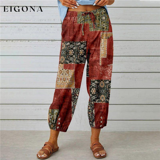 【Cotton And Linen】Vintage Printed Trousers Red best Best Sellings bottoms clothes Cotton And Linen pants Plus Size Sale Topseller