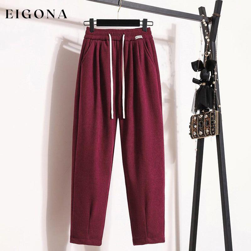 Solid Colour Warm Trousers Wine Red best Best Sellings bottoms clothes pants Sale Topseller
