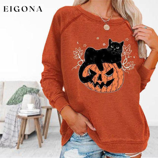 【100% Cotton】Cat Print Halloween T-Shirt Orange 100% Cotton best Best Sellings clothes Plus Size Sale tops Topseller