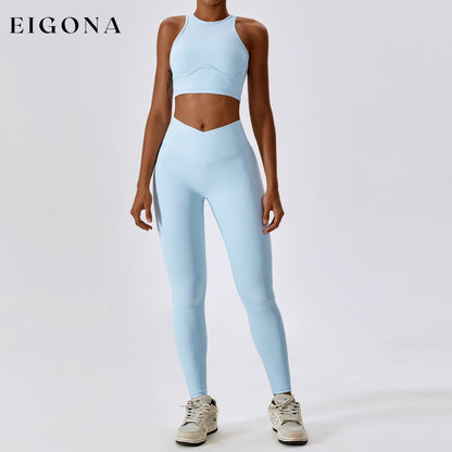 Thread Abdominal Shaping High Waist Beauty Back Yoga Suit Quick Drying Push up Hip Raise Skinny Workout Exercise Outfit -2 Bra Trousers Sky Blue 2 piece activewear clothes set workout