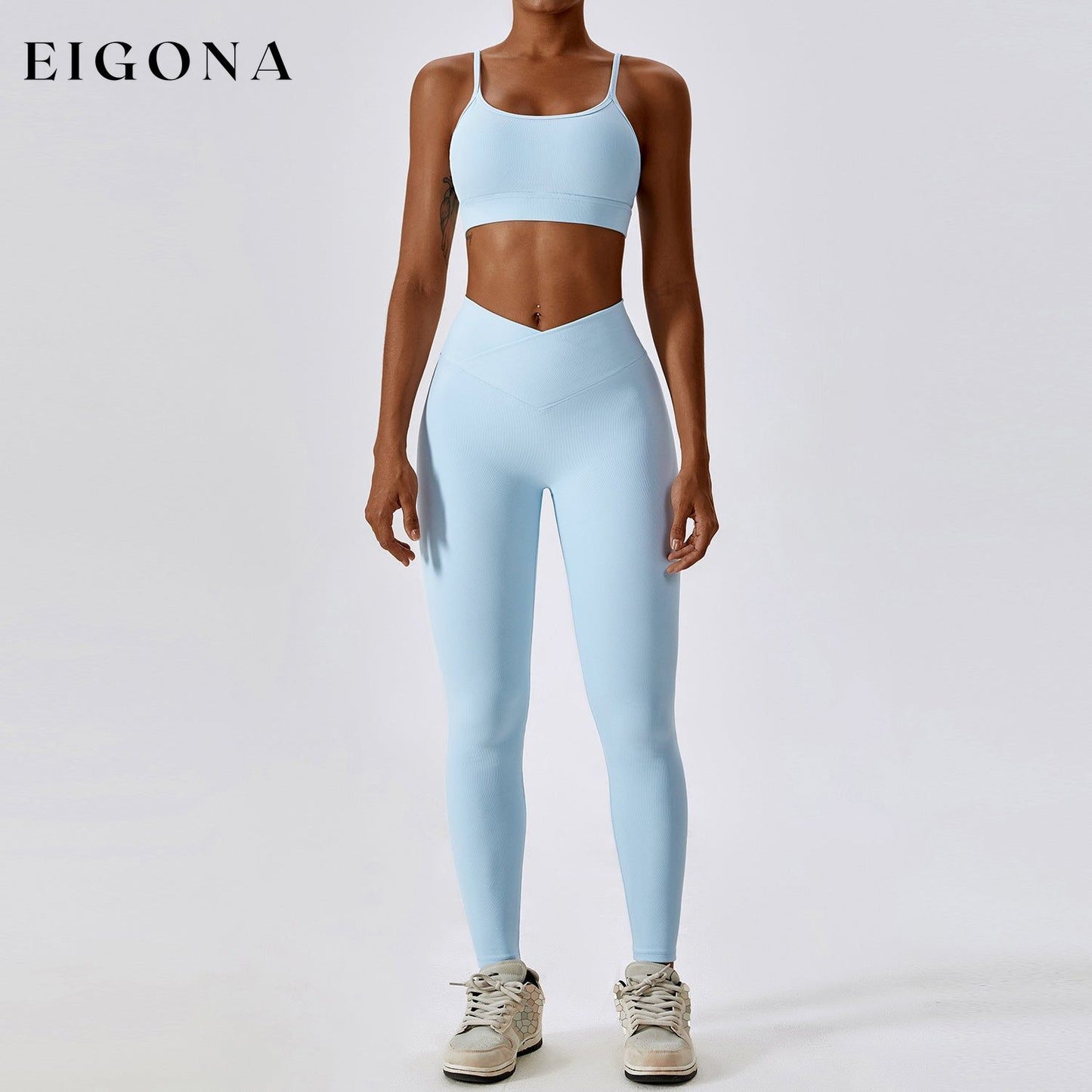Thread Abdominal Shaping High Waist Beauty Back Yoga Suit Quick Drying Push up Hip Raise Skinny Workout Exercise Outfit -1 Bra Trousers Sky Blue 2 piece activewear clothes set workout