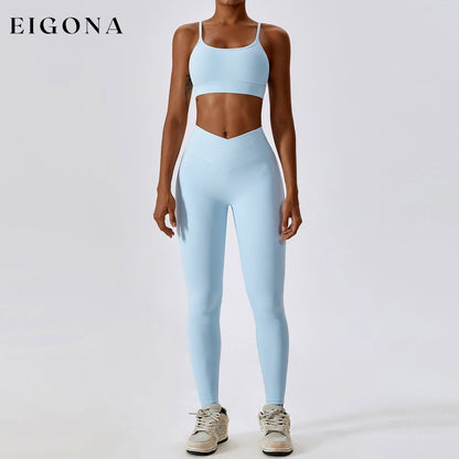 Thread Abdominal Shaping High Waist Beauty Back Yoga Suit Quick Drying Push up Hip Raise Skinny Workout Exercise Outfit -1 Bra Trousers Sky Blue 2 piece activewear clothes set workout