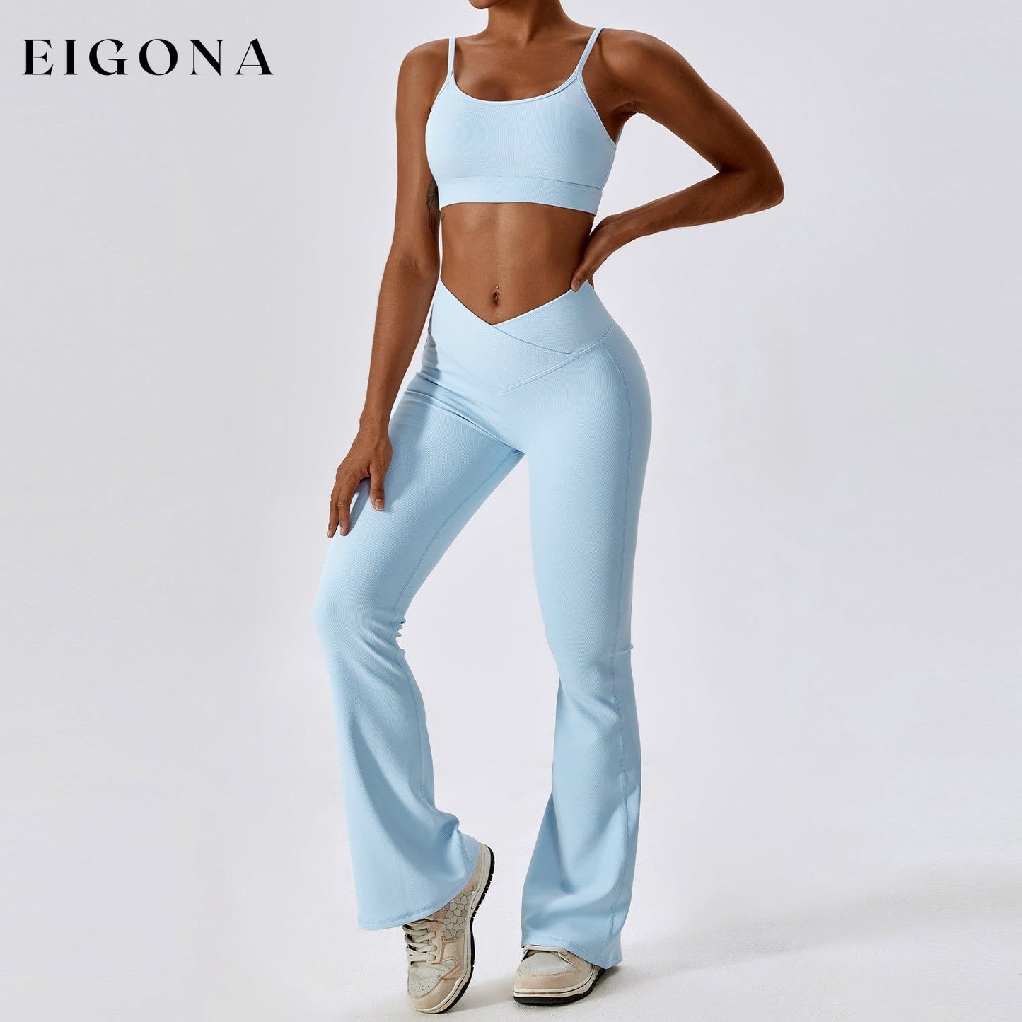 Thread Abdominal Shaping High Waist Beauty Back Yoga Suit Quick Drying Push up Hip Raise Skinny Workout Exercise Outfit -1 Bra Bell-Bottom Pants Sky Blue 2 piece activewear clothes set workout