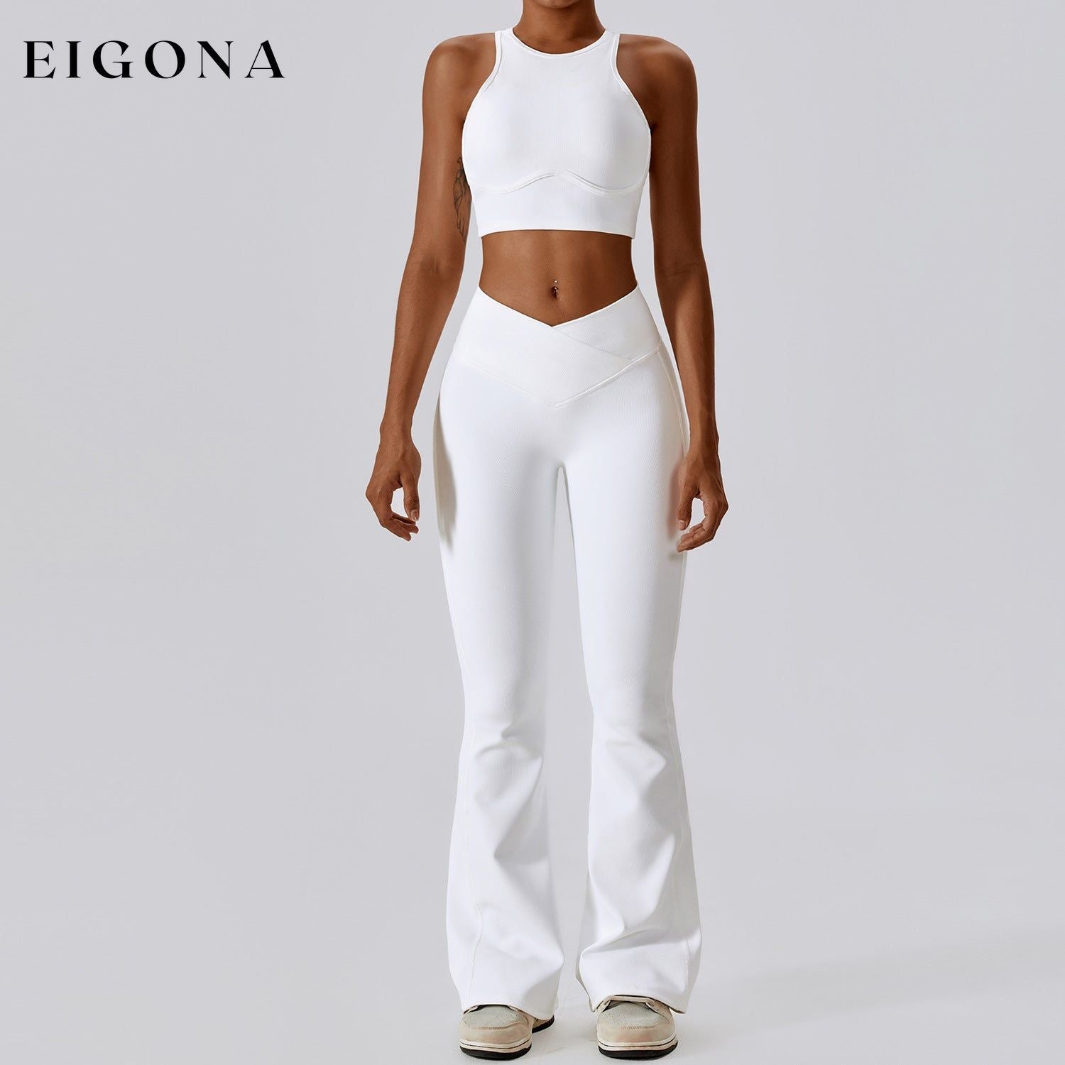 Thread Abdominal Shaping High Waist Beauty Back Yoga Suit Quick Drying Push up Hip Raise Skinny Workout Exercise Outfit -2 Bra Bell-Bottom Pants Swan White 2 piece activewear clothes set workout