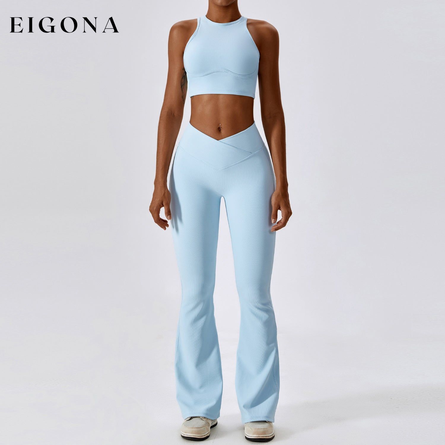 Thread Abdominal Shaping High Waist Beauty Back Yoga Suit Quick Drying Push up Hip Raise Skinny Workout Exercise Outfit -2 Bra Bell-Bottom Pants Sky Blue 2 piece activewear clothes set workout