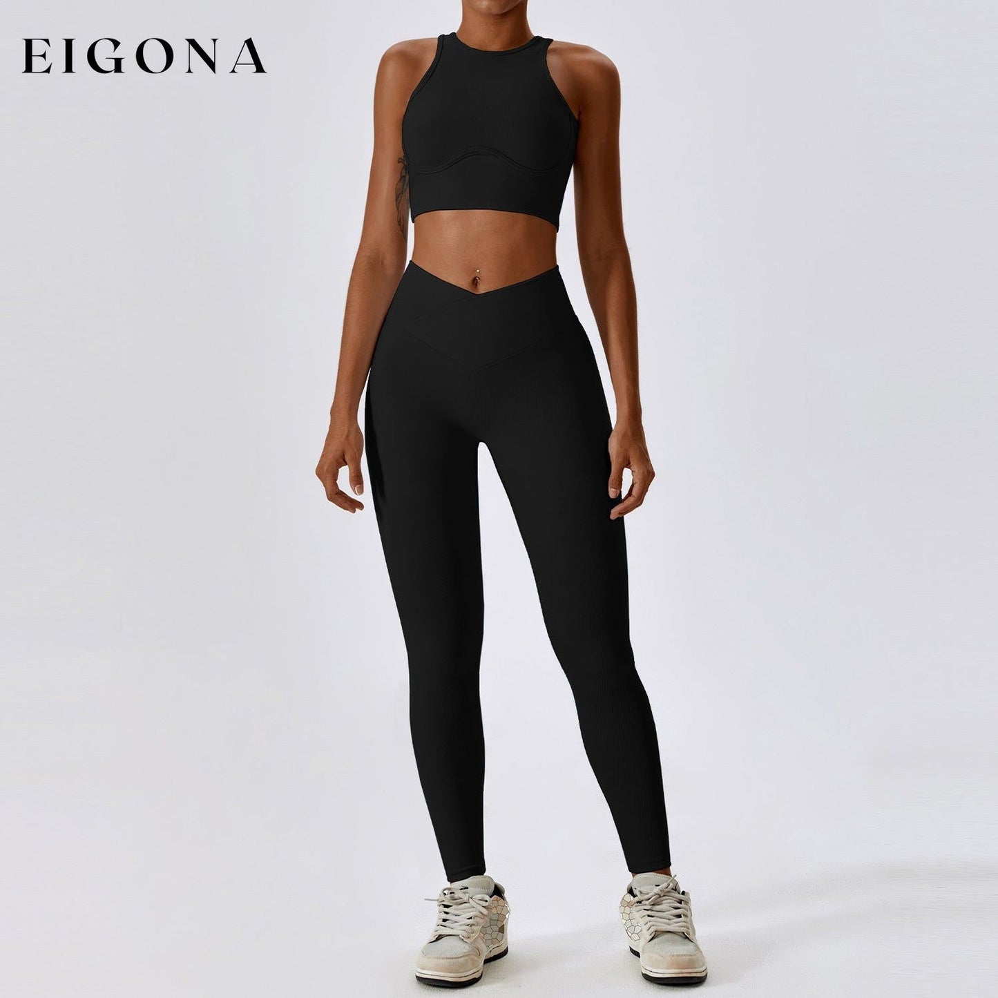 Thread Abdominal Shaping High Waist Beauty Back Yoga Suit Quick Drying Push up Hip Raise Skinny Workout Exercise Outfit -2 Bra Trousers High-Grade Black 2 piece activewear clothes set workout