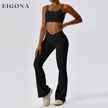 Thread Abdominal Shaping High Waist Beauty Back Yoga Suit Quick Drying Push up Hip Raise Skinny Workout Exercise Outfit -1 Bra Bell-Bottom Pants Premium Black 2 piece activewear clothes set workout