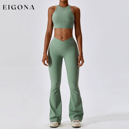 Thread Abdominal Shaping High Waist Beauty Back Yoga Suit Quick Drying Push up Hip Raise Skinny Workout Exercise Outfit -2 Bra Bell-Bottom Pants Basil Green 2 piece activewear clothes set workout