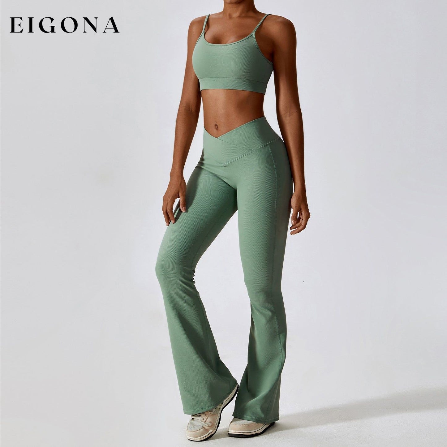 Thread Abdominal Shaping High Waist Beauty Back Yoga Suit Quick Drying Push up Hip Raise Skinny Workout Exercise Outfit -1 Bra Bell-Bottom Pants Basil Green 2 piece activewear clothes set workout